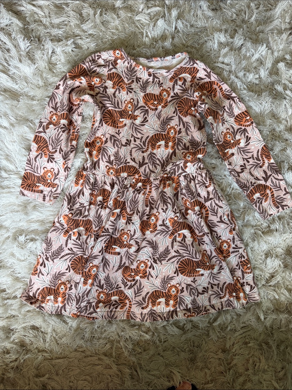Girls' Pink Tiger Print Long-Sleeve Casual Dress
